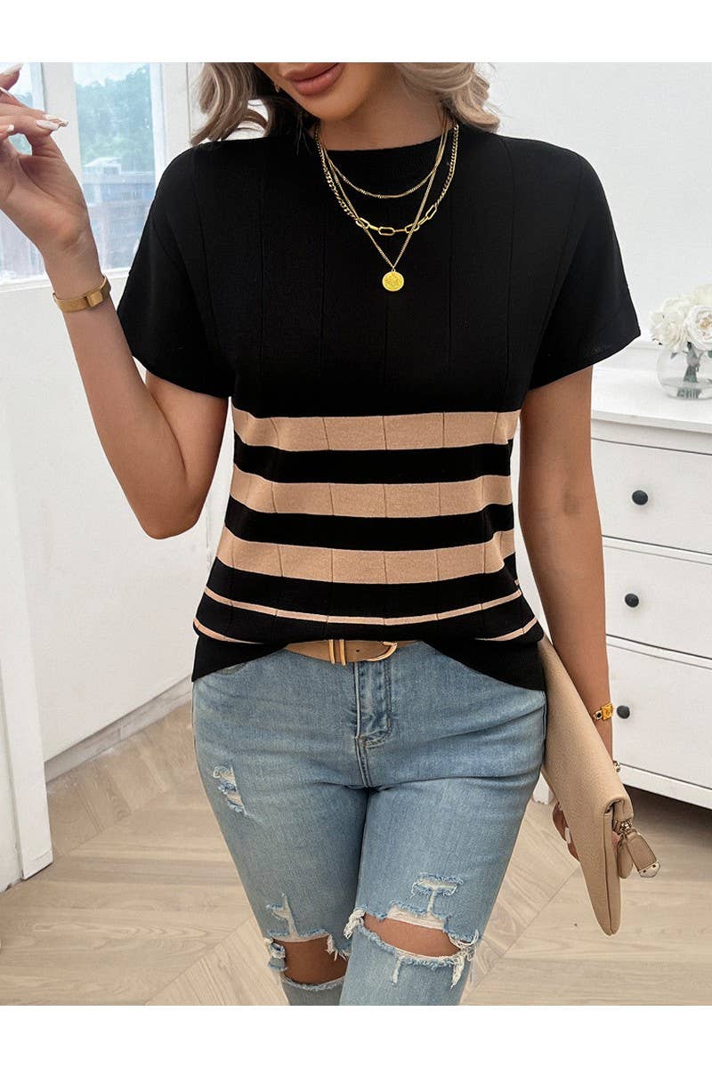 CWTTSL0265_Elegant Crew Neck Short Sleeve Knit Top