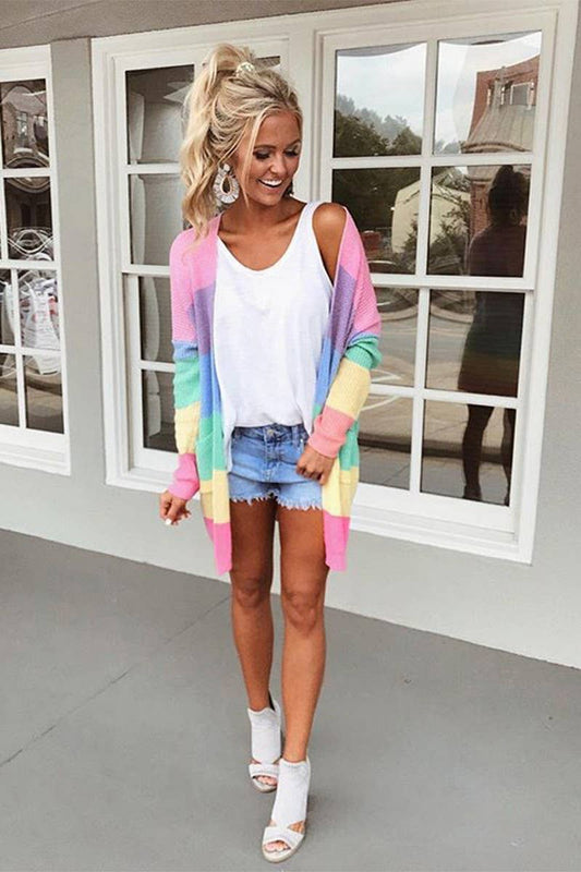 CWOCAL00701_LOOSE COLORBLOCK STRIPED LONG KNIT CARDIGAN