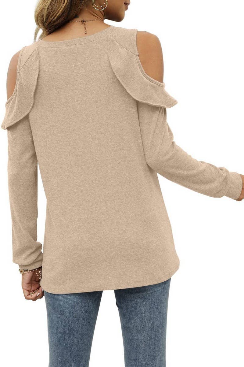 CWTBLL2671_ROUND NECK OFF-SHOULDER RUFFLED LOOSE TOP