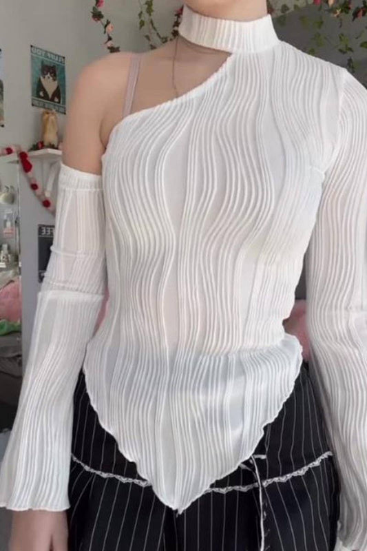 CWTBLL3441_STRIPED LONG SLEEVE SLANT COLLAR HALTER NECK TOP