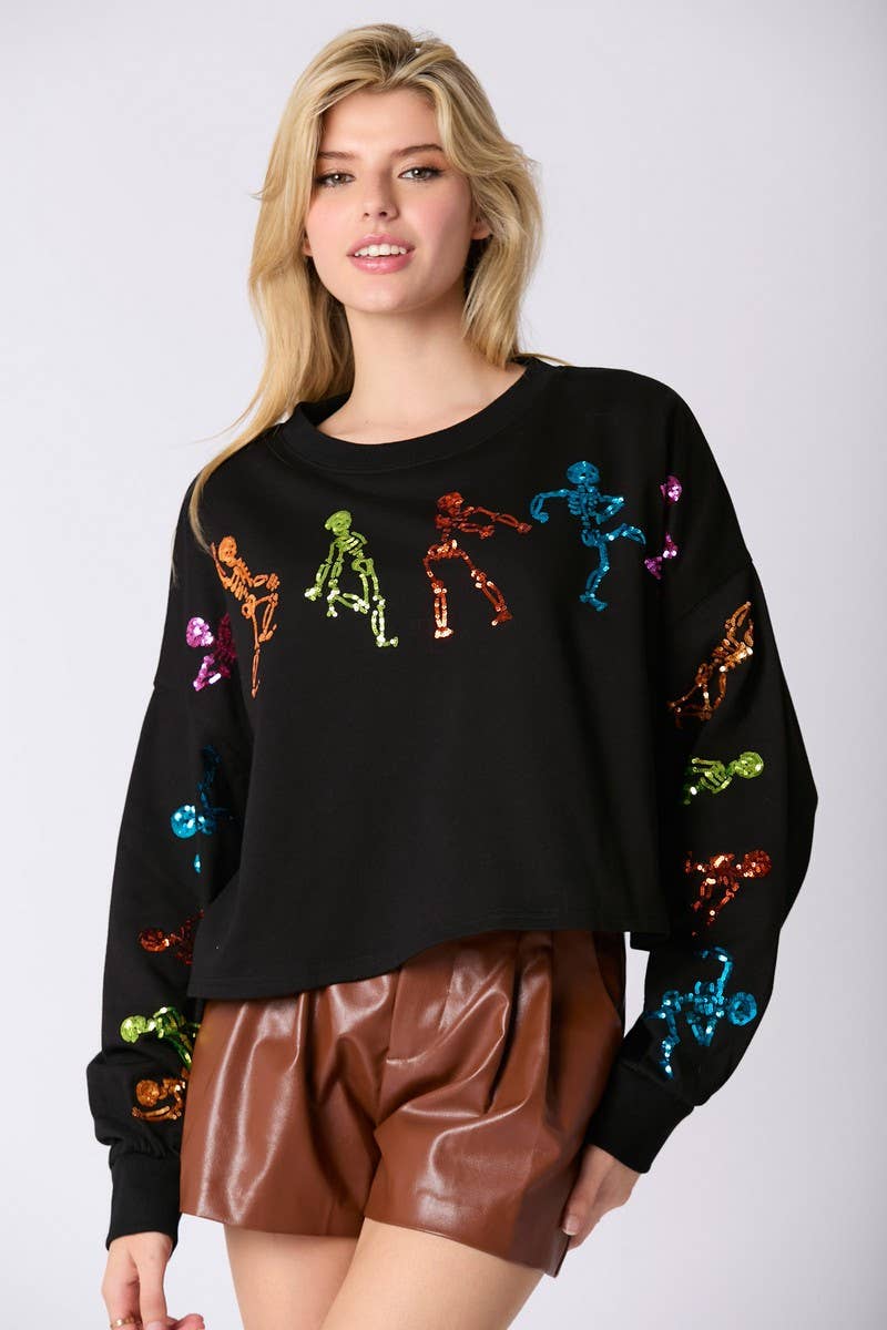 CWOSWL07752_HALLOWEEN SKELETON SEQUIN TOP LOOSE SWEATSHIRT
