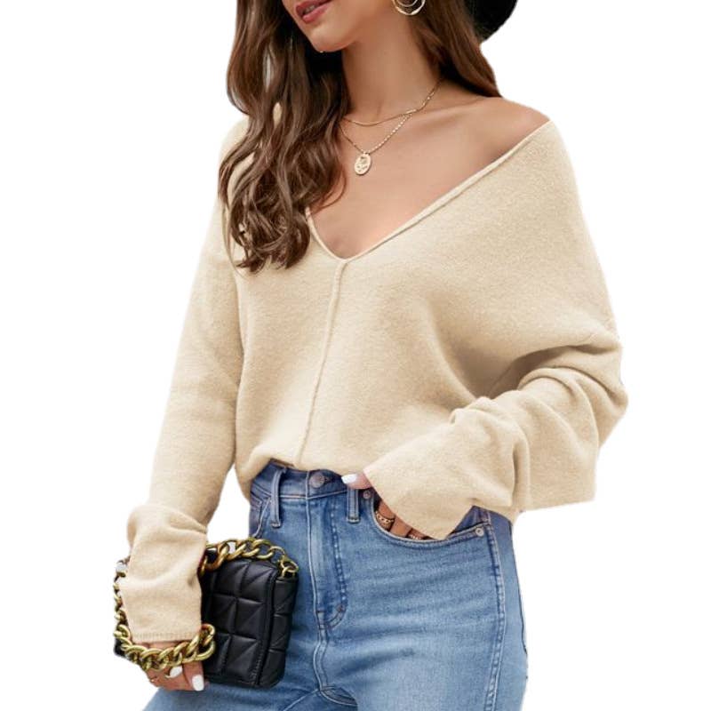 BAT-SLEEVED SOLID COLOR V-NECK SWEATER