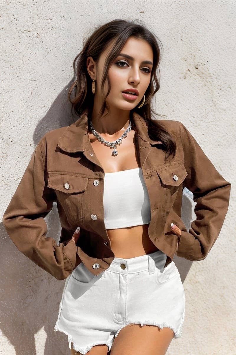 CWJJ0138_WOMEN'S CASUAL CROPPED DENIM JACKET TOP