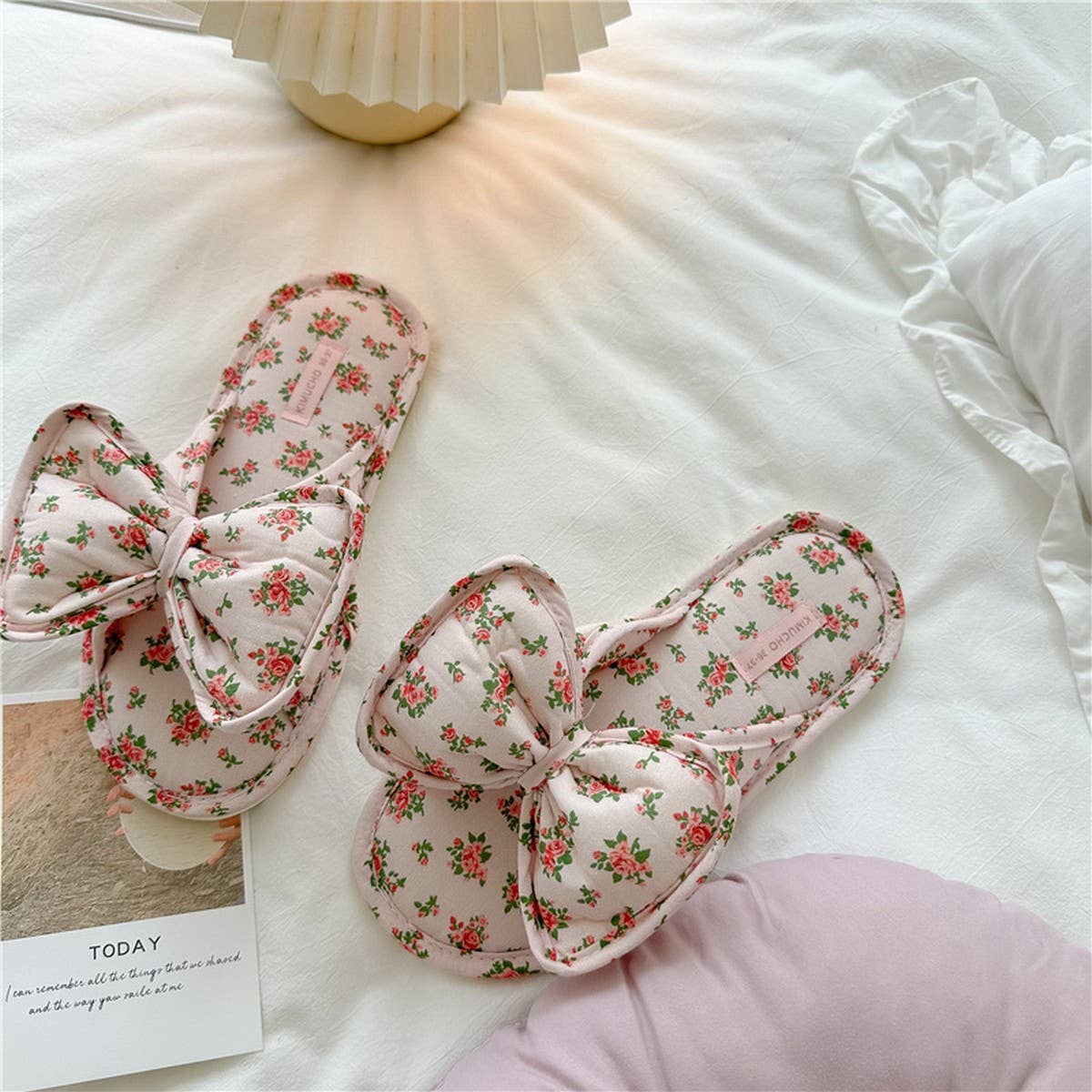 LIGHT BLUE FLORAL BOW-KNOT THICK-SOLED HOME SHOES