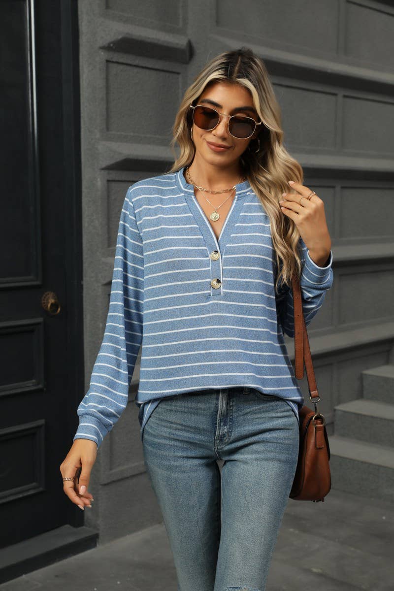 CWTBLL1864_STRIPED BRUSHED BUTTON LONG-SLEEVED T-SHIRT