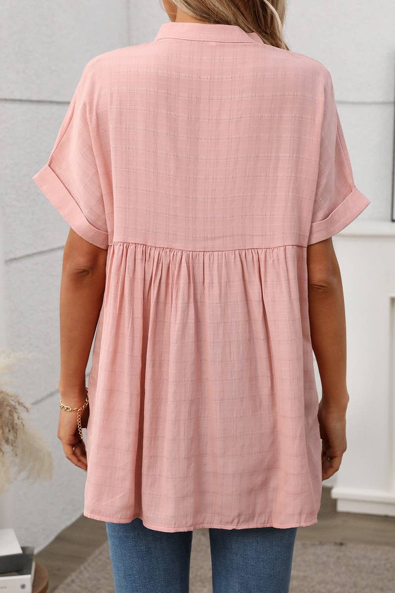 CWTBLS1720_V-NECK STRIPED LOOSE CHECK SHORT-SLEEVED SHIRT