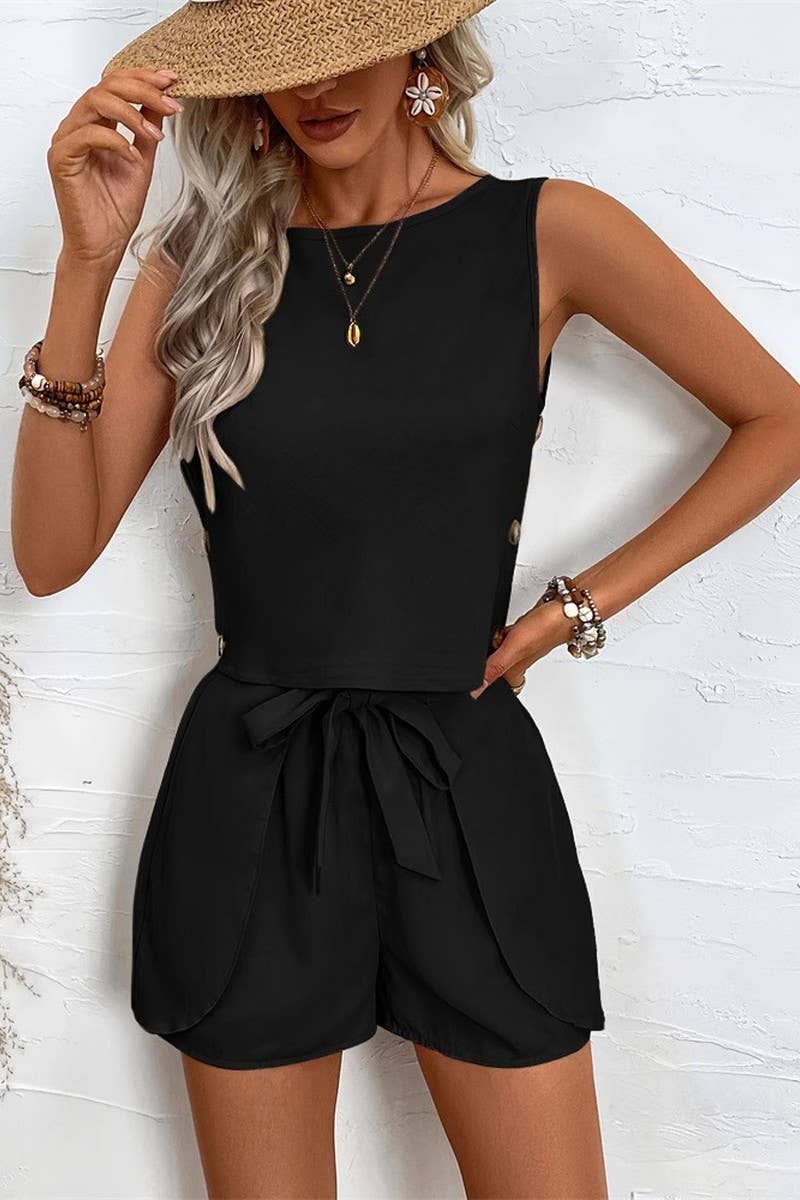 CWSS1123_LOTUS LEAF TIE BOW SOLID COLOR TWO-PIECE SET