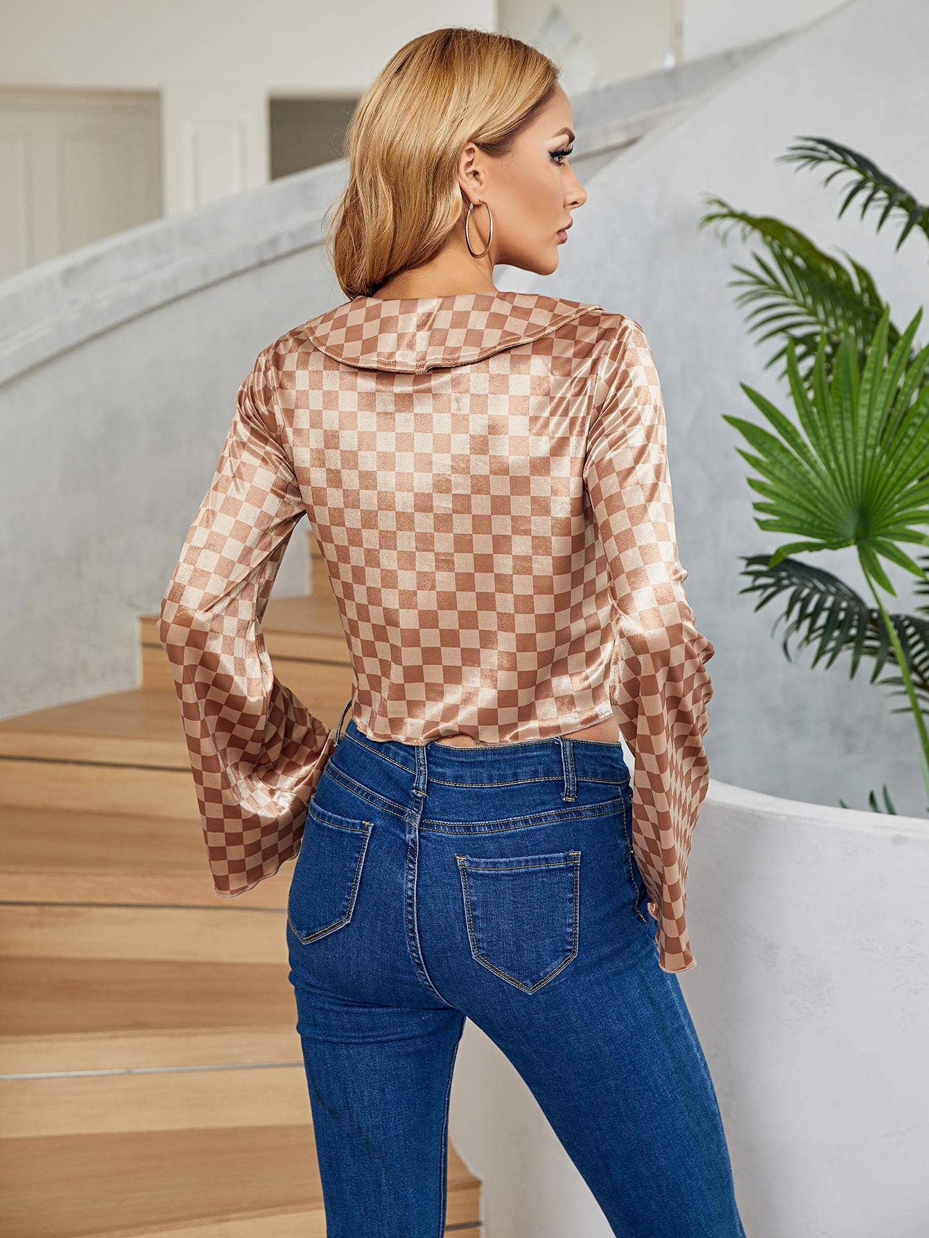 COLOR CONTRAST PLAID LONG-SLEEVED SHIRT FOR WOMEN