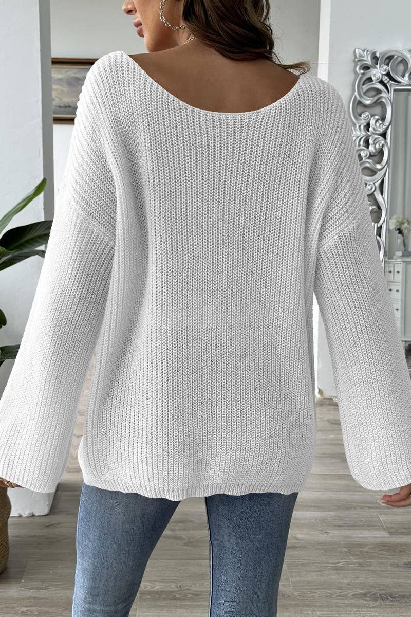 CWOSWL07325_WOMEN OFF-SHOULDER BELL SLEEVE KNIT SWEATER