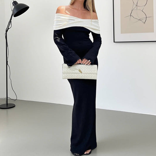 Color-blocking one-shoulder high-waisted dress