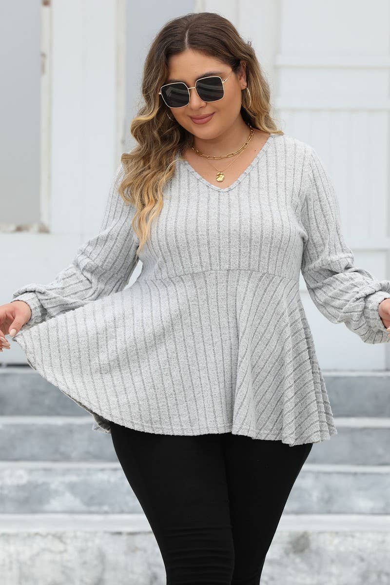 CWTTL1313_PLUS Size V-Neck Long Sleeve Pullover Top