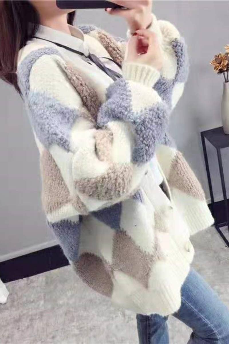 CWOCAL2180_CONTRASTING COLOR LONG SLEEVE BUTTON UP CARDIGAN