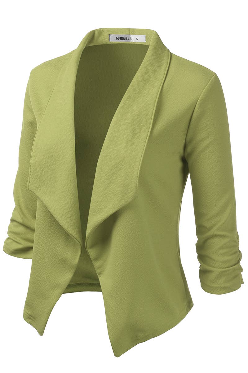 CWOBL091_Casual Work Ruched 3/4 Slv Open Front Blazer Jacket