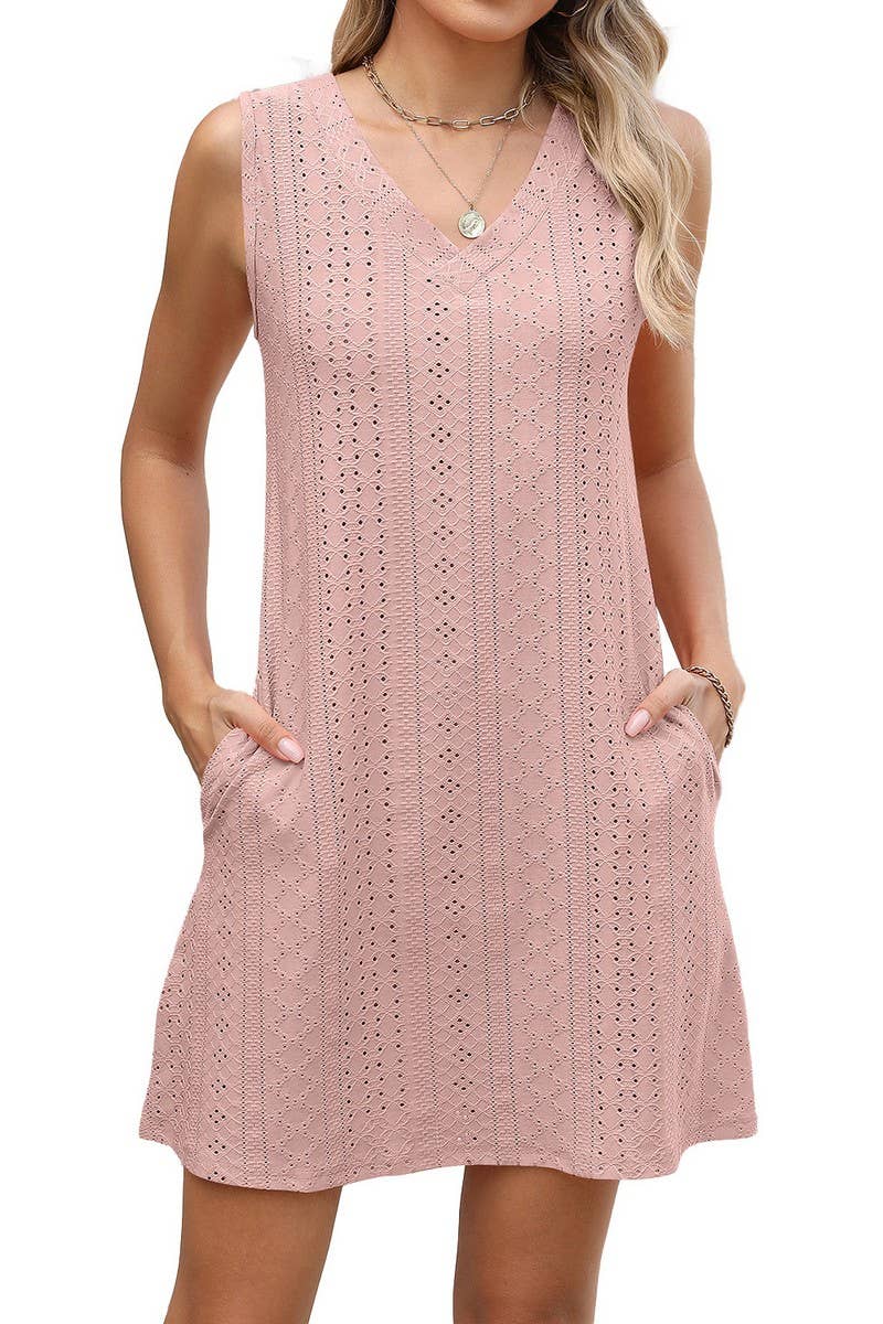 CWDSD10548_SUMMER CASUAL SOLID COLOR V-NECK DRESS