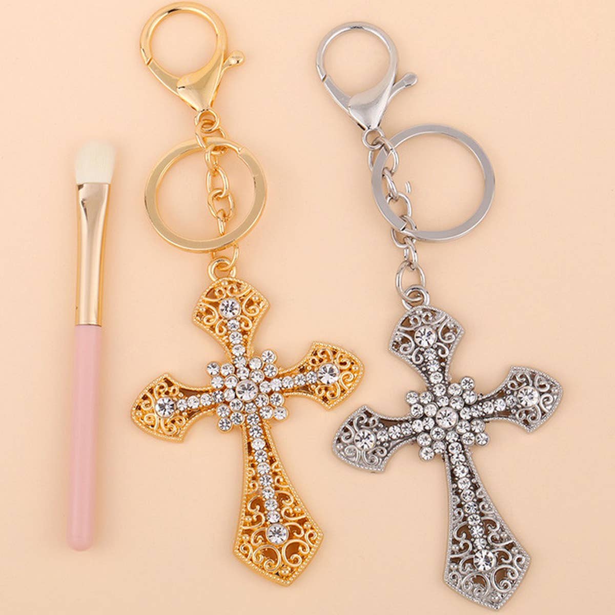 INLAID DIAMOND CROSS METAL KEYCHAIN