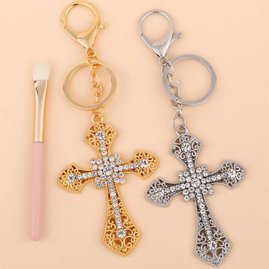 INLAID DIAMOND CROSS METAL KEYCHAIN