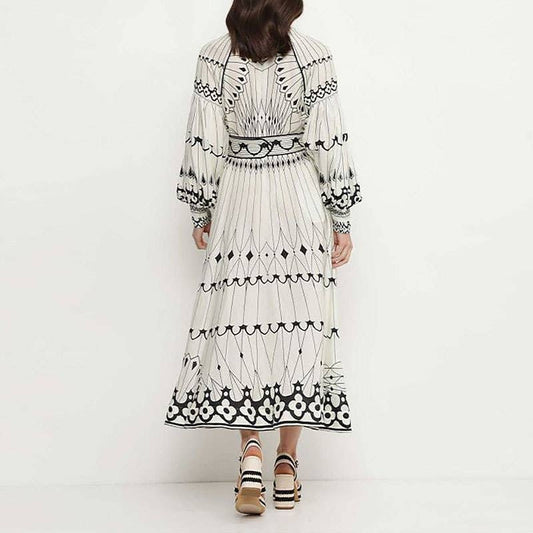 Courtly style elegant long-sleeved printed swing dress