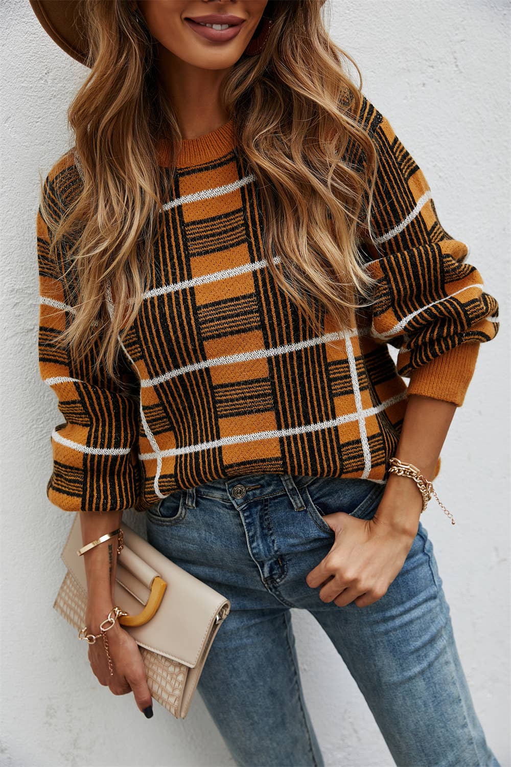 Crew-neck plaid pullover long-sleeved sweater