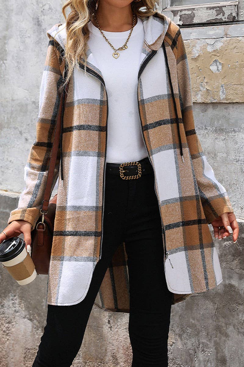 CWOCO0646_LOOSE CHECK ZIP-UP LONG HOODED COAT