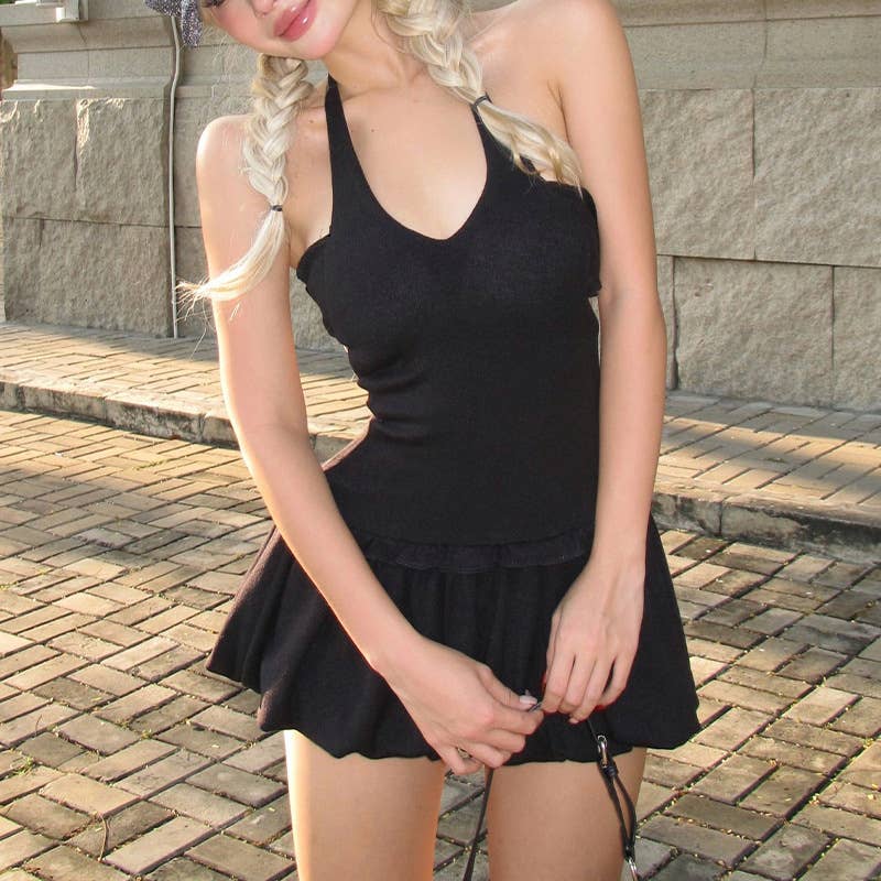 Elegant deep V-neck sexy backless halter dress