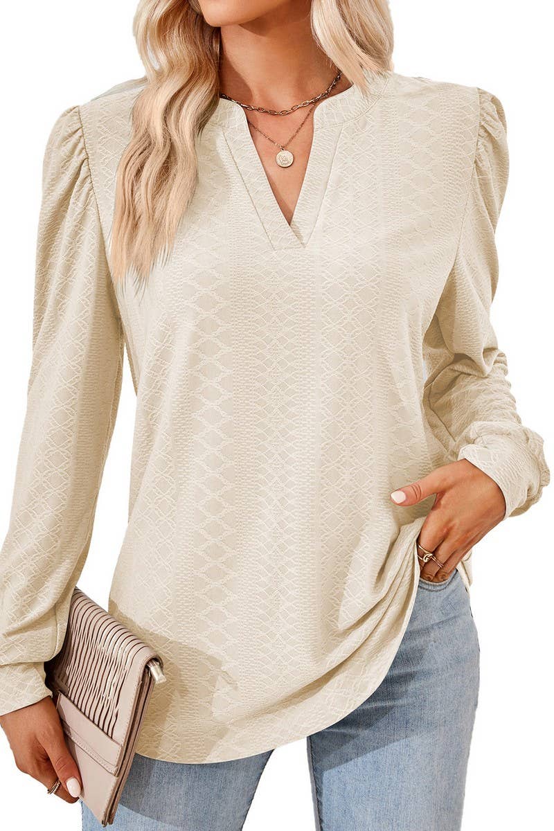 CWTBLL2374_SOLID COLOR V-NECK JACQUARD LONG-SLEEVED TOP