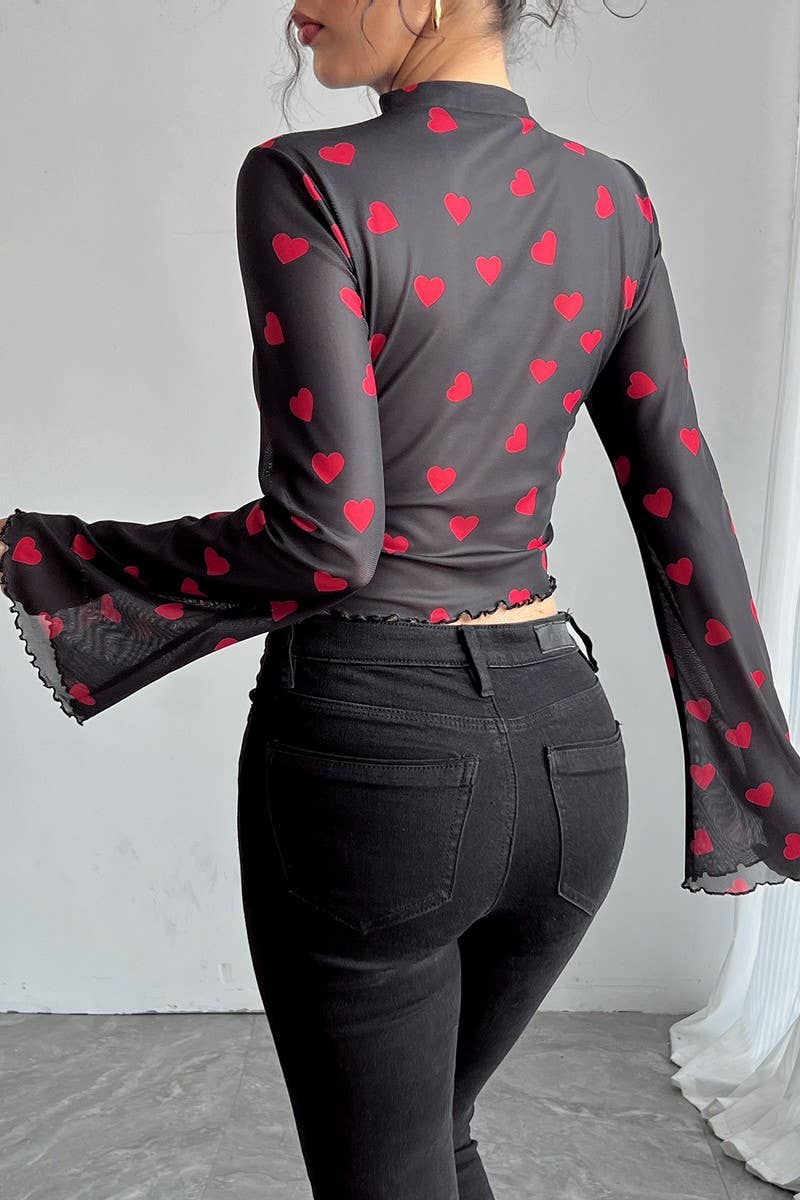 CWTBLL3925_MESH PRINT BELL SLEEVE LONG SLEEVE CREW NECK TOP