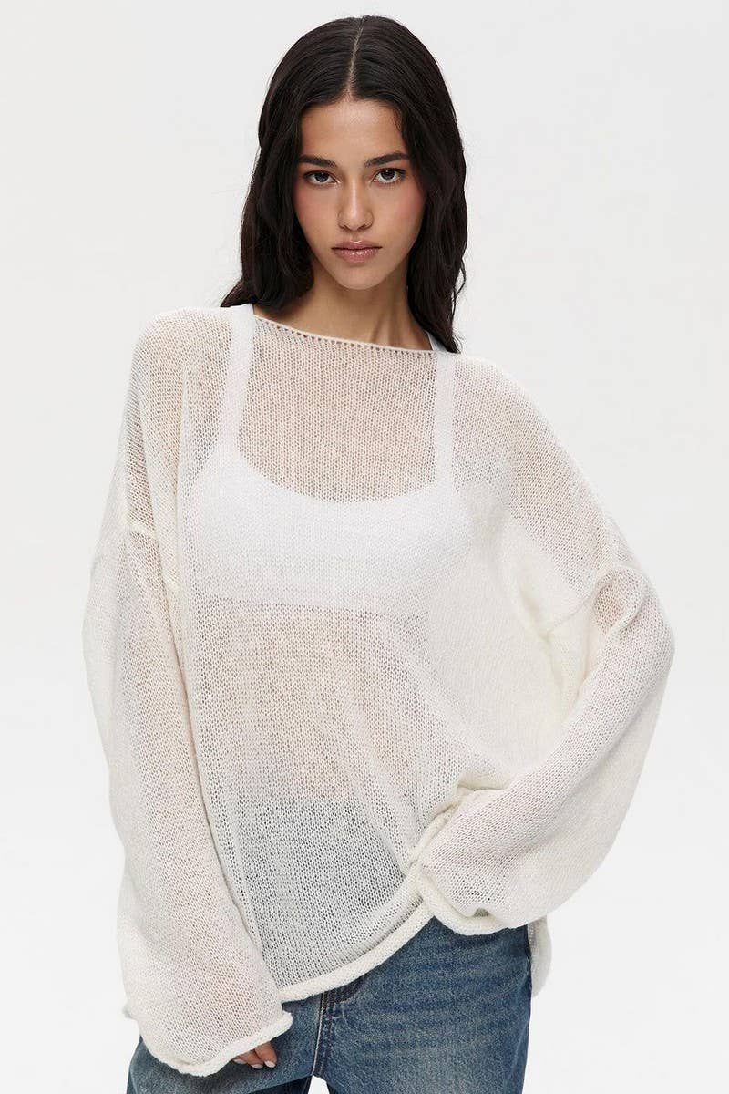 CWTBLL3453_SOLID COLOR SEE-THROUGH LONG-SLEEVED T-SHIRT