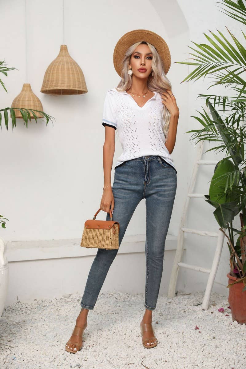 CWOSWS0065_V-Neck Short Sleeve Sweater Top