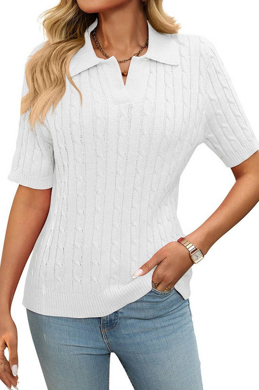 CWOSWS0127_V-NECK LAPEL CABLE-KNIT SHORT-SLEEVED PULLOVER