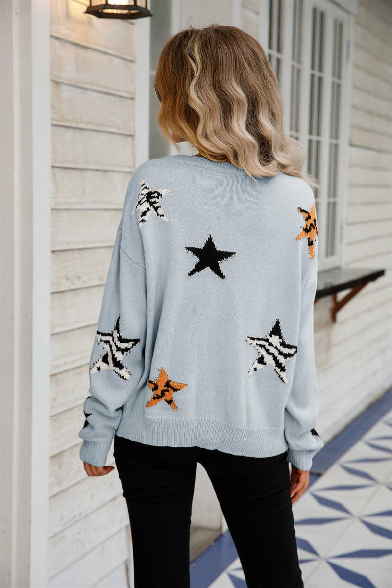 CWOSWL3149_ROUND NECK STAR LONG SLEEVE KNIT SWEATER