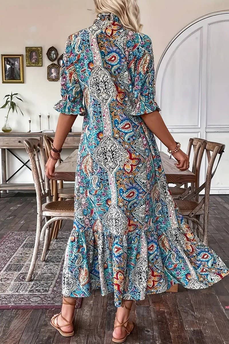 CWDMD4101_PRINTED ELBOW SLEEVE TIE-TIE RUFFLE DRESS