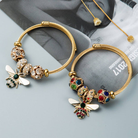 Gold Bee Charm Bracelet with Sparkle Beads