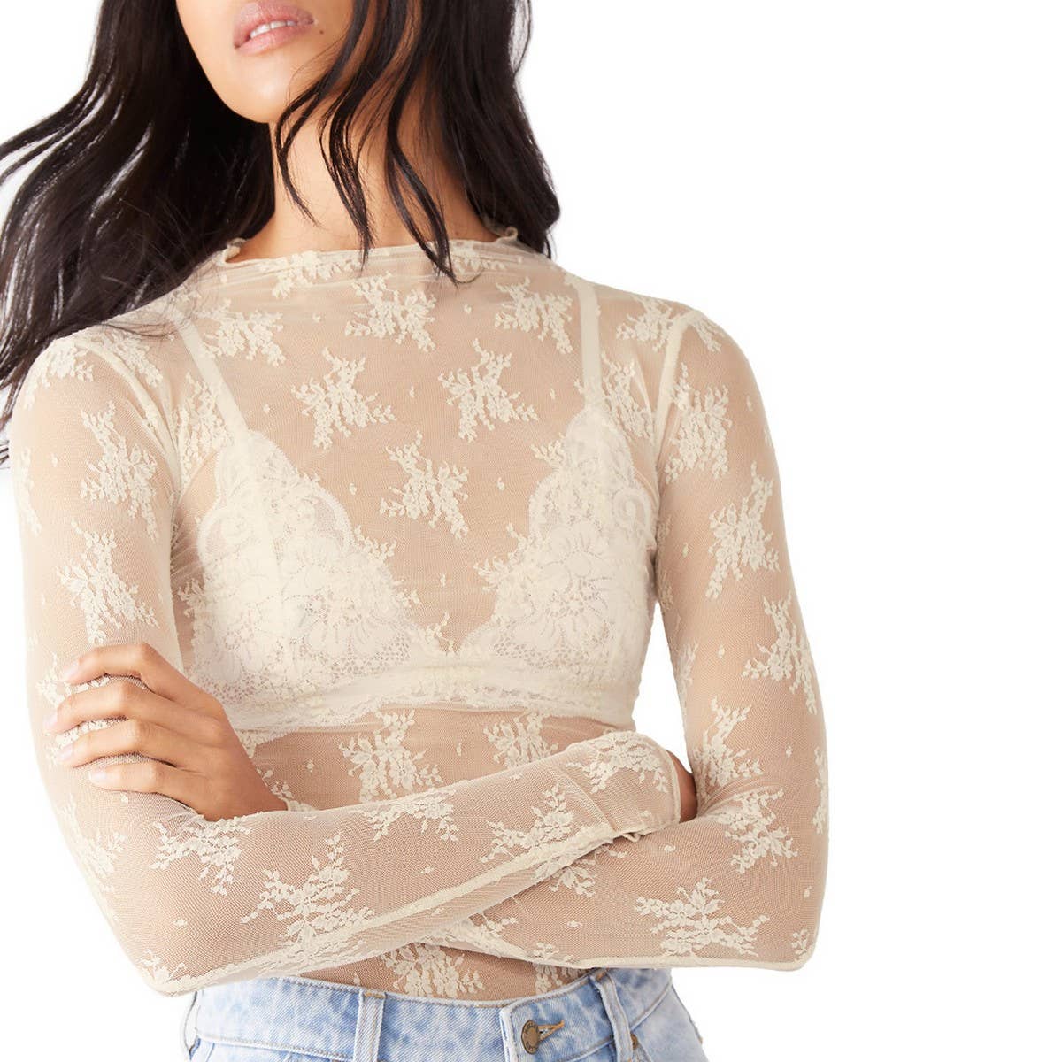 SEMI SHEER MESH LACE TOP BOTTOMING SHIRT