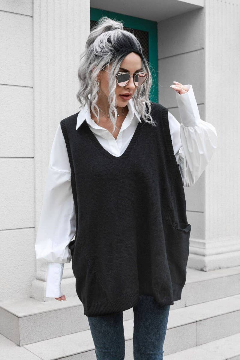 CWOV0691_V-NECK MID-LENGTH VEST LOOSE SWEATER VEST