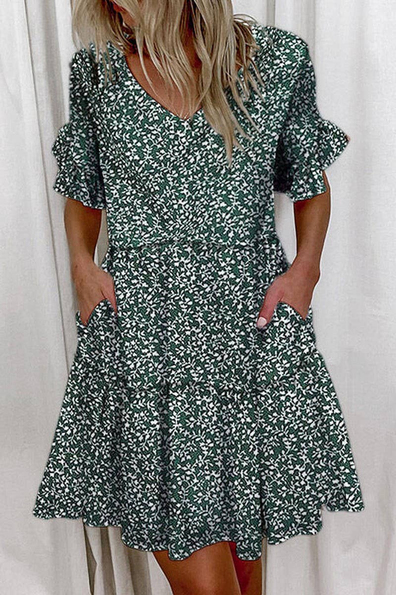 CWDSD8672_FASHION SHORT PRINTED RUFFLE POCKET DRESS