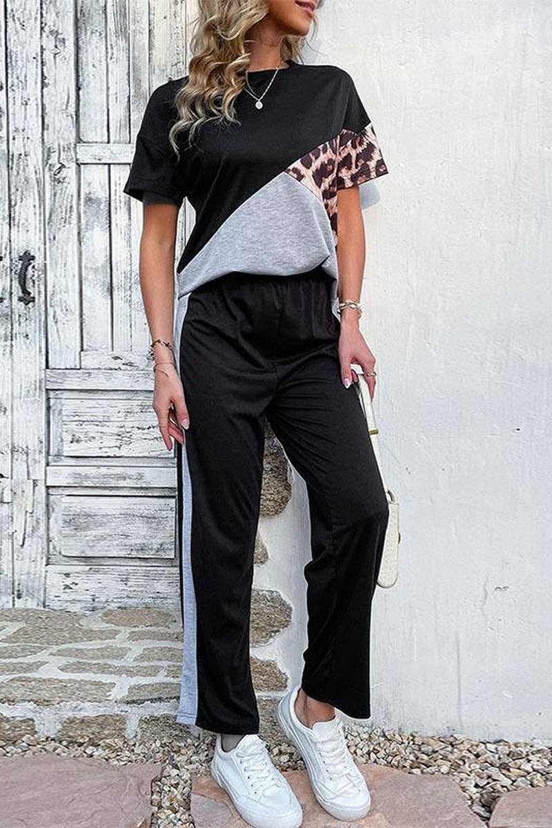 CWSTB1965_COLORBLOCK LEOPARD PRINT TEE CASUAL SET