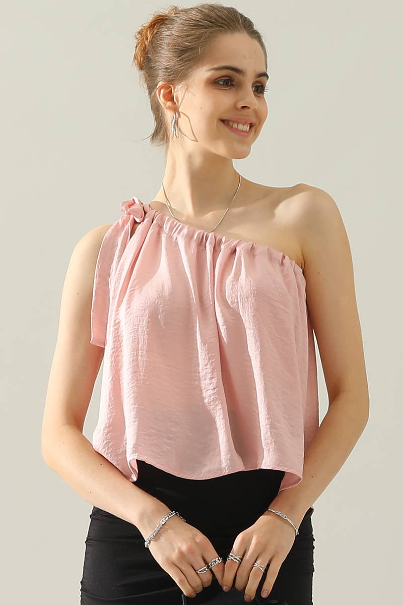 CWTHT028_ONE SHOULDER BOW TIE STRAP SATIN SILK BLOUS TOP