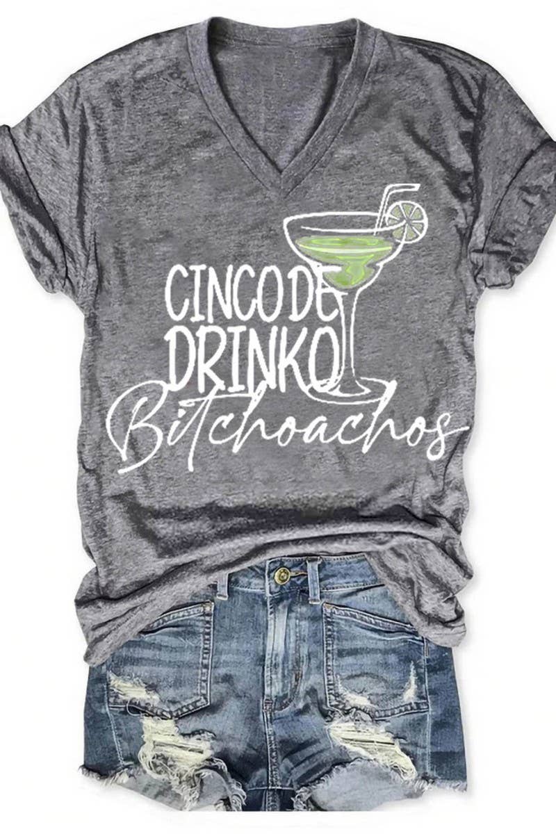 CWTTS1059_LETTER PRINTED V NECK CASUAL SHORT SLEEVED T SHIRT