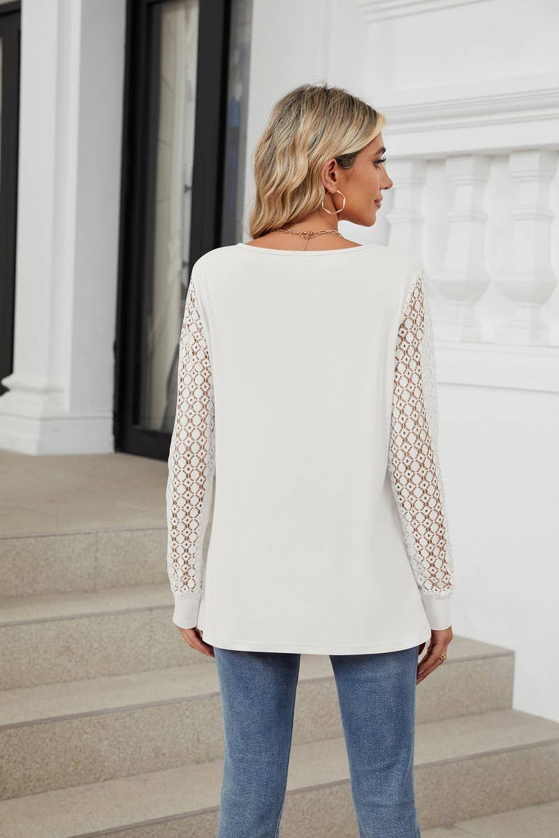 CWTBLL1847_ROUND NECK HOLLOW LACE LONG SLEEVE CASUAL TOP