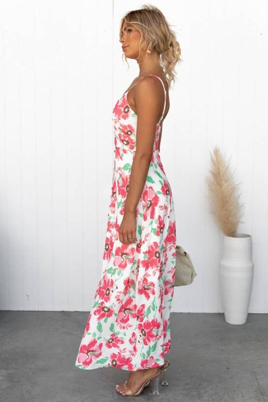 Floral print elegant slit long halter dress