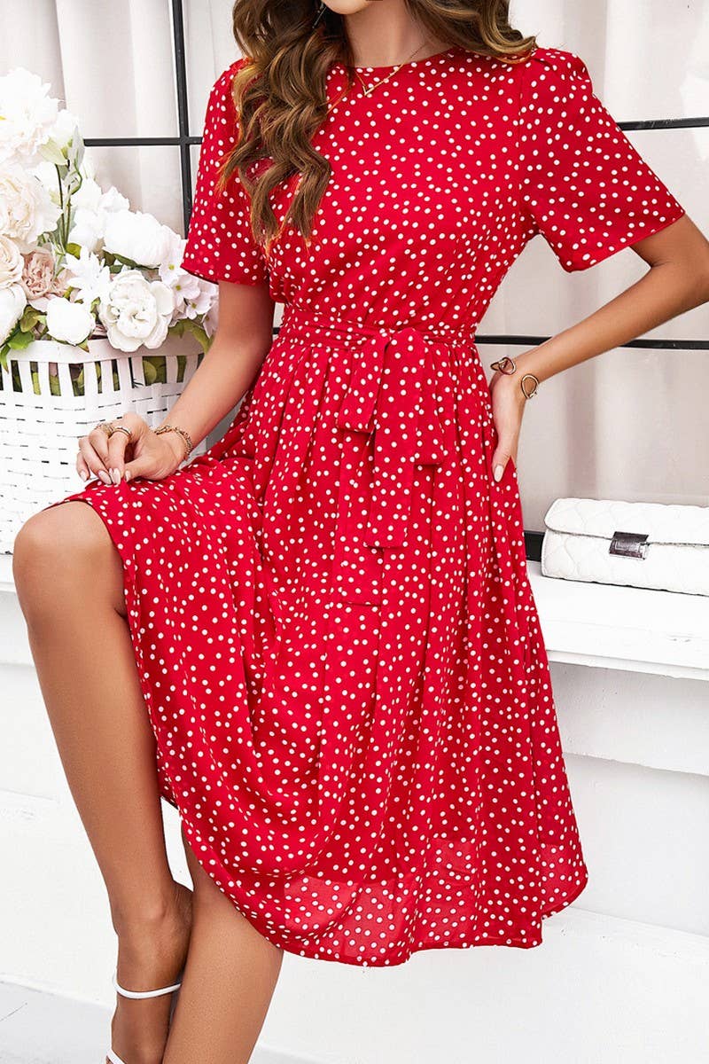 CWDSD7139_TEMPERAMENT CASUAL POLKA DOT LACE-UP PRINT DRESS