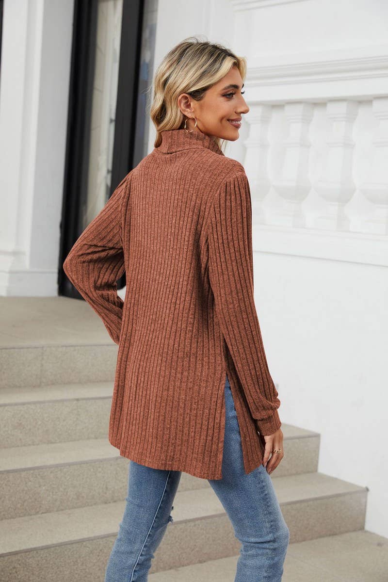 CWTBLL2363_SOLID COLOR HALF TURTLENECK SLIT POCKET TOP