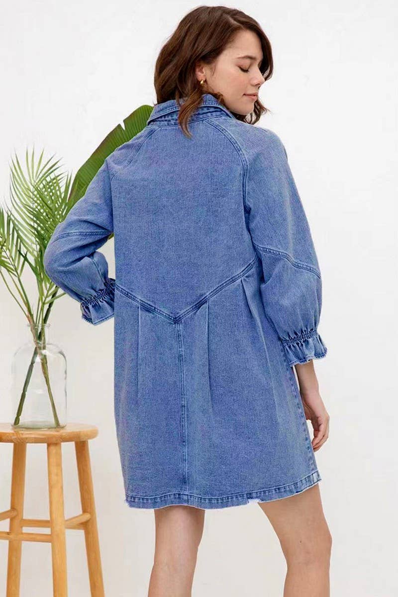 CWJT0026_CASUAL 3/4 SLEEVE BUTTON DOWN DENIM T-SHIRT DRESS
