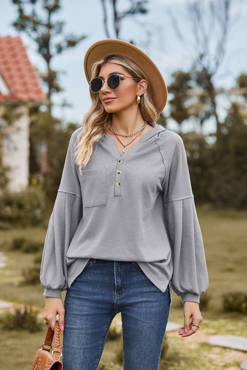 CWOHOL1095_NEW HOODED BUTTON LOOSE LONG-SLEEVED SWEATSHIRT