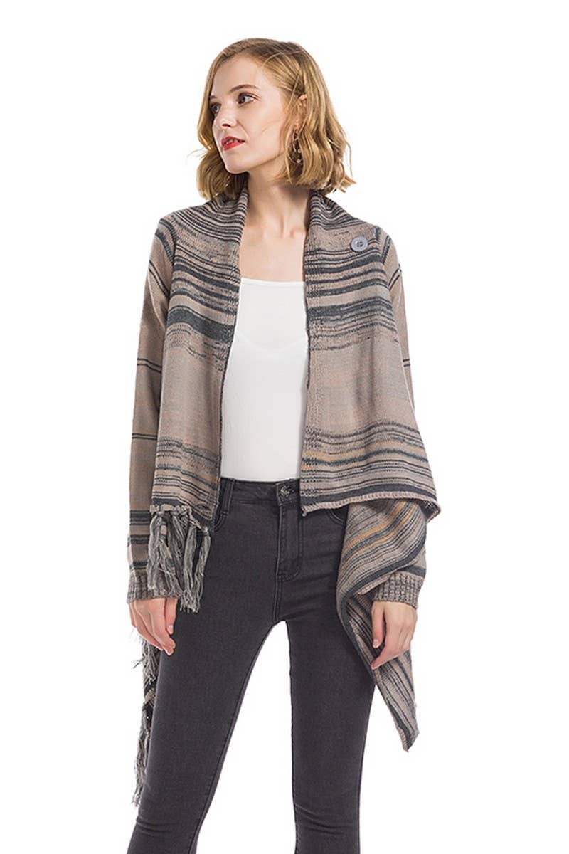 CWOCAL0945_STRIPED LOOSE IRREGULAR TASSEL KNITTED CARDIGAN