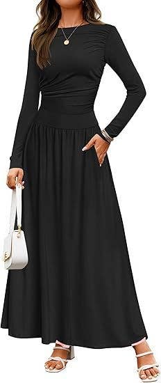 CREW NECK PLEATED POCKET SLIM LONG-SLEEVE DRESS