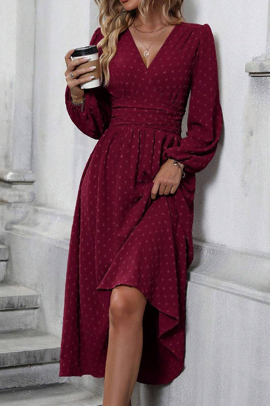 CWDMD3949_SLANTED NECK BALLOON SLEEVES PLEATED WAIST DRESS