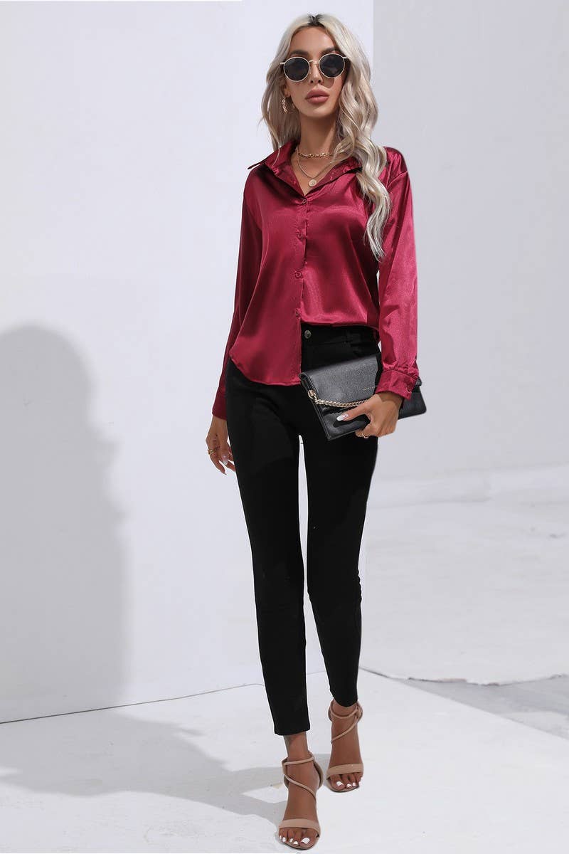 CWTBLL0690_Button Down Silky Satin Long Sleeve Top