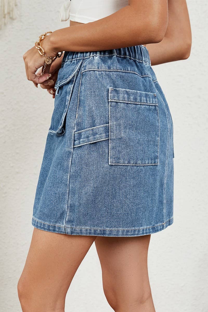CWJSK00233_WASHED ELASTIC WAIST DENIM MINI SKIRT