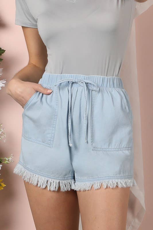 CWBSP154_Mini Fringe Hem Shorts with Drawstring Waist